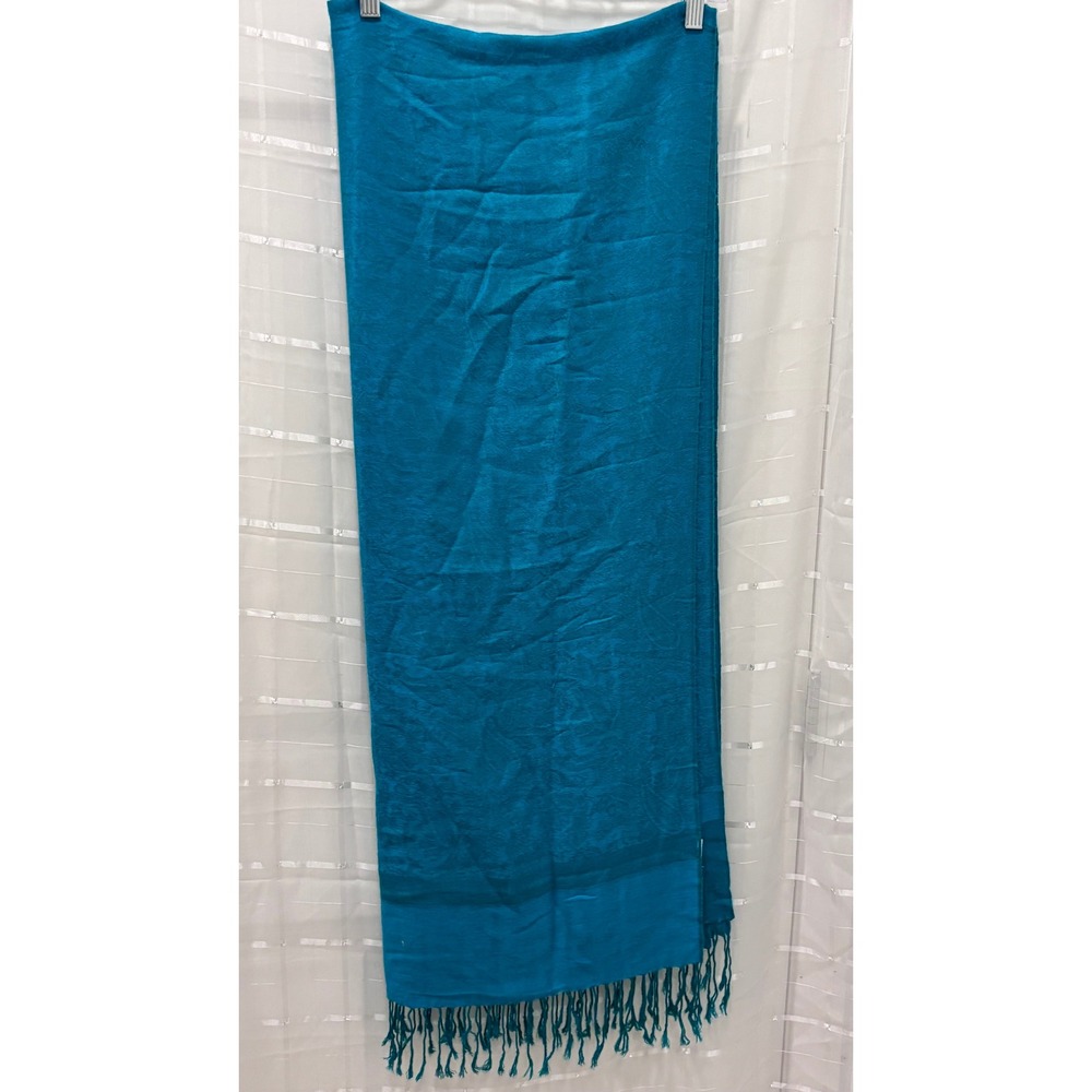Pashmina Turquoise Blue Paisley Jacquard Scarf Wrap with Fringe Trim